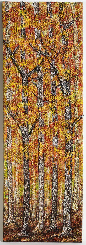 Wall Art Canvas Print Canadian Red flaming forest of reds. 120 x 040 cm Fiery reds & orange leafed trees with auburn & bronze colours also, in a Canadian forest. Light shining through the tall trees. The ground undulating with some rocks here & there with a ray of colours from the fallen leaves of autumn