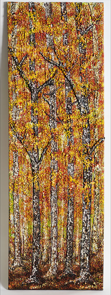 Original canvas  Wall Art Fiery Forest of Reds. 120 x 040 cm Fiery reds & orange leafed trees with auburn & bronze colours also, in a Canadian forest. Light shining through the tall trees. The ground undulating with some rocks here & there with a ray of colours from the fallen leaves of autumn