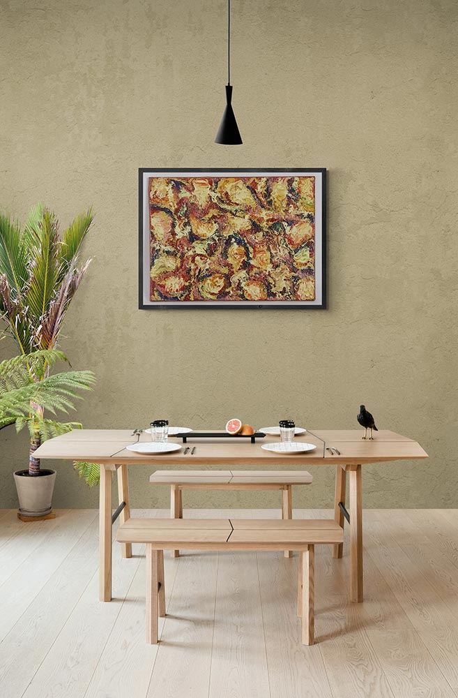 Canvas print wall art Fruits de Mer, An abstract painting of mixed colours & swirling patterns.  Colours of sea foods, of winkles & muscles etc.  Larger swirling patterns of creams beige and golds as found in oysters.  One could call it a dish of paella!   the picture is hung on a beige wall in a kitchen