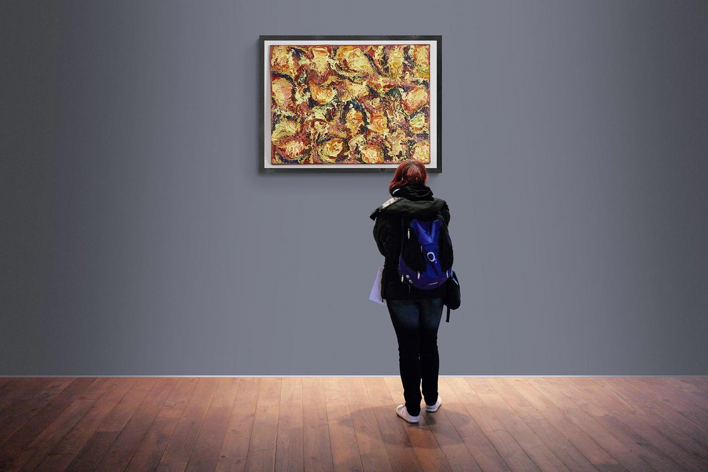 Canvas print wall art Fruits de Mer, An abstract painting of mixed colours & swirling patterns.  Colours of sea foods, of winkles & muscles etc.  Larger swirling patterns of creams beige and golds as found in oysters.  One could call it a dish of paella!  Picture is framed in a black wooden frame, on a blue wall in a gallery