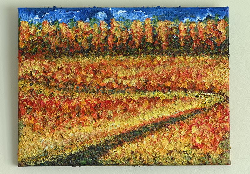 A 30 x 40 canvas Print wall art depicting a meandering pathway through a summer field of grasses and coloured grasses with hints of colour .  This is a contemporain piece so the image is suggestive of all these elements.  In the far distance is a forest of trees in the fall so a mix of autumnal colours reaching up to a blue sky and clouds.  This was inspired after a beautiful day spent with my son in Canada