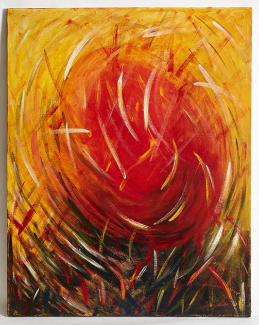 Canvas Print Wall Art Warm Energy 100 x 80 cm painting of a large swirling sun radiating heat with grasses and energy swirling round throughout the painting. Darker at the base reaching to a yellow background.