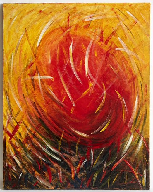 Original Wall Art Warm Energy 100 x 80 cm painting of a large swirling sun radiating heat with grasses and energy swirling round throughout the painting.Darker at the base reaching to a yellow background.