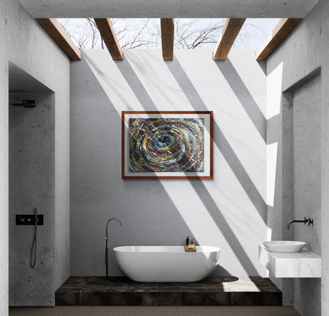 Wall Art Canvas Print Whirlwind or Odyssey 70 x 50 cm canvas of swirling blues,blacks golds, whites & velvety reds. An abstract pieces of work that could be interpenetrated as the eye of a storm, whirlwind, or a part of the universe in space with shooting white stars! Mounted onto a stone white wall in a bathroom