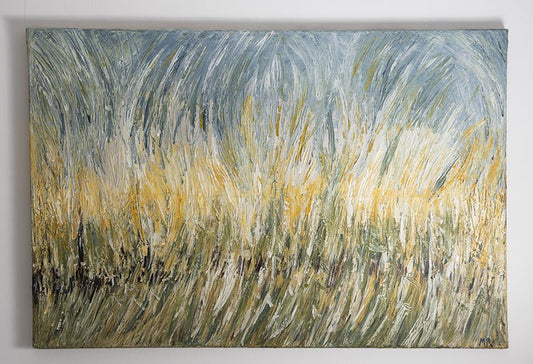 Canvas Print wall art painting in acrylics with a pallet knife Abstract in style, of a wheat field in pale colours of wheat & yellow & golds.  Darker colours to give the field depth.  beautifully entwined with the pale blue sky.